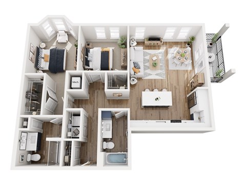 Floor plan for 2 beds, 2 baths, 1204 sqft